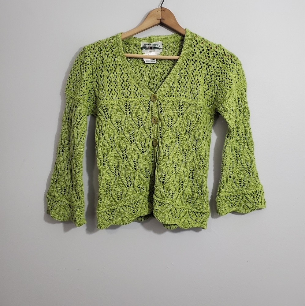 NWT Aran Crafts Made in Ireland Green Loose Knit Linen Blend Cardigan